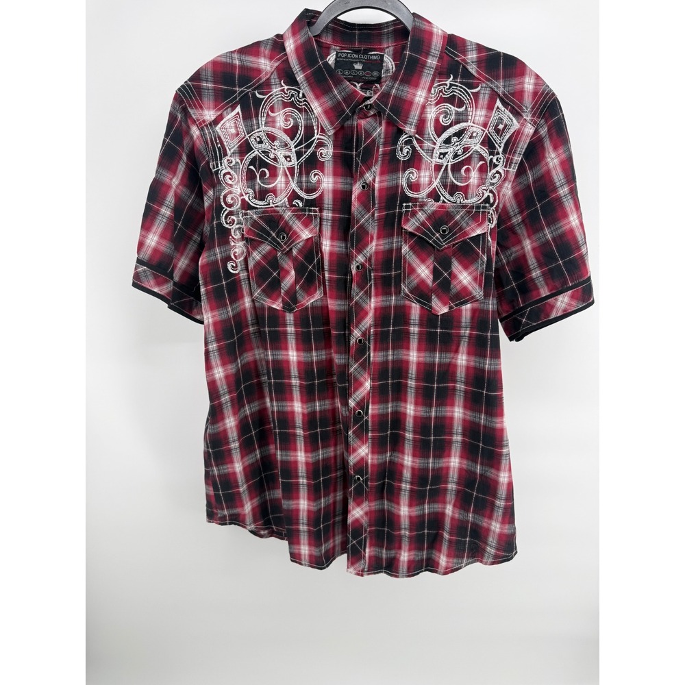 Pop Icon Clothing Buckle Mens 2XL Red Black Plaid Embroidered Western Shirt SS